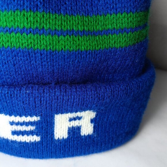Bayer Pharmaceuticals Hat Knit Beanie Boggin Blue Green Pom Pom Vintage USA Made - Picture 6 of 11